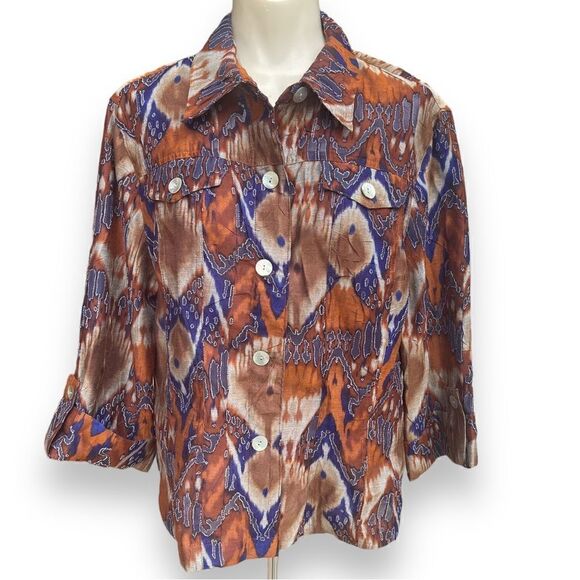 Ruby Rd Mesh Cutout Feather Ikat  Shell Button Flap Pocket Tab Sleeve Blouse - Picture 12 of 16